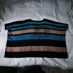 Tag Studio Striped Poncho Style with Cuffs Pullover Sweater Ladies Medium